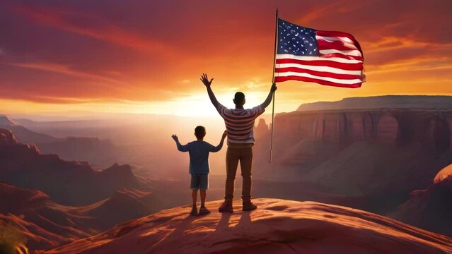 Father and son with hands up and huge American flag stand on edge of mountain in large canyon. Black family celebrates Juneteenth at sunset.