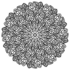 Mandala with doodle flowers, leaves and swirls, abstract coloring page with symmetrical patterned motifs