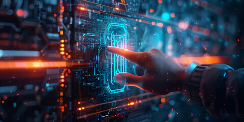 Fototapeta premium A finger on a futuristic screen in the dark. The finger points at a glowing button, and the blue screen has a modern design. This image evokes a sense of technology and future-thinking