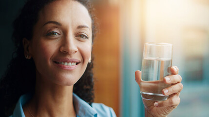 Drinking water, woman and hydration in portrait, wellness or health in home with smile for diet or...