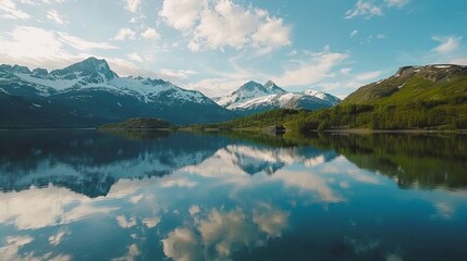 tranquil lake reflecting majestic snowcapped mountains idyllic landscape scenery