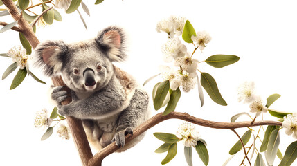 Obraz premium Koala Bear in Floral Tree Branch isolated on a transparent background