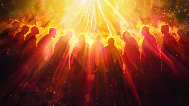 pentecost the descent of the holy spirit on the apostles vibrant digital illustration with glowing light rays