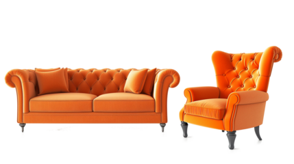Living room with a sofa with cushions and a comfortable chair isolated on a transparent background