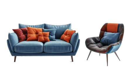 Living room with a sofa with cushions and a comfortable chair isolated on a transparent background