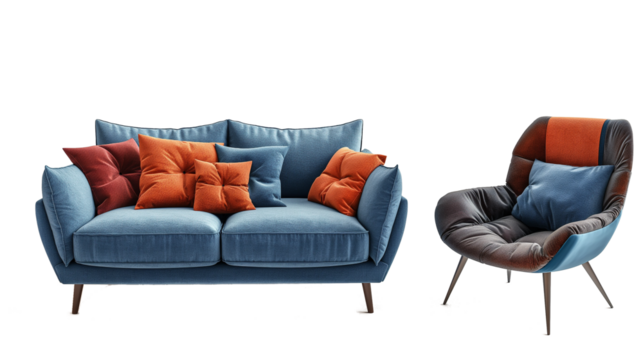 Living room with a sofa with cushions and a comfortable chair isolated on a transparent background