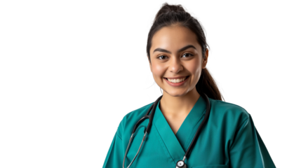 professional and portrait of a happy female doctor, nurse, or surgeon in scrubs isolated on a transparent background