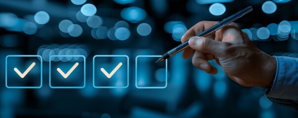 Hand holding a pen marking checklist with blue glowing checkmarks, representing task completion and productivity in an abstract background.