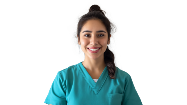 professional and portrait of a happy female doctor, nurse, or surgeon in scrubs isolated on a transparent background