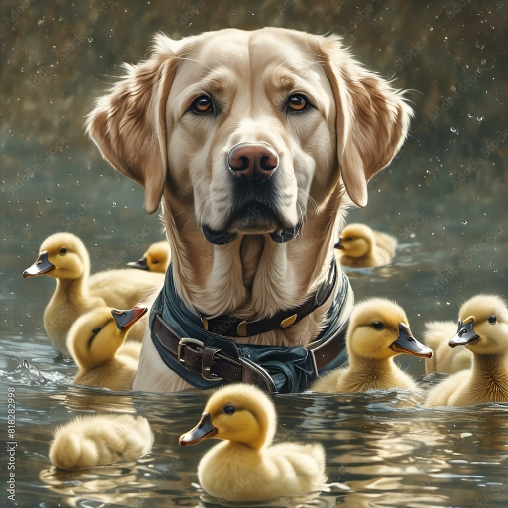 Sticker AI generated illustration of a Labrador retriever in the water swimming in water with baby duck