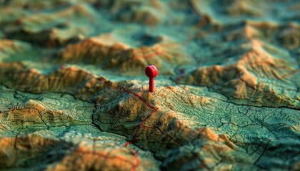 Highly detailed 3D topographic map of mountainous terrain featuring a pin marker highlighting a...