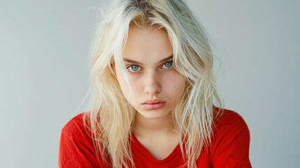 blonde teenage girl with blonde hair and red shirt is looking grumpy into the camera