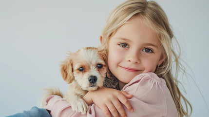 cute blonde six year old girl with her puppy