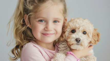 cute blonde six year old girl with her puppy