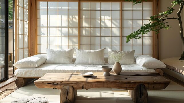 serene japanese interior rustic coffee table and white fabric sofa bathed in natural light from window home decor photography