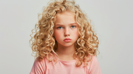 girl with curly blonde hair and pink shirt looks grumpy into camera