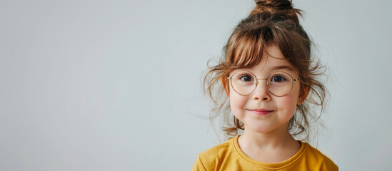 cute five year old girl with brown hair wearing glasses, copy space