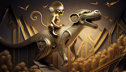 A Egyptian monkey riding the golden dragon