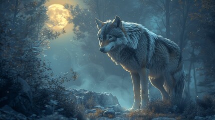 Mystic Wolf in Moonlit Forest - Hyper-Realistic 2D Illustration with Copy Space for Text. Ethereal Atmosphere with Glowing Moonlight. Cool Twilight Tones.