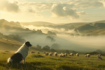 Fototapeta premium Serene Morning in Meadow with Sheepdog Watching Over Flock, Fog Rolling Over Hills - Perfect for Nature Posters and Wall Art
