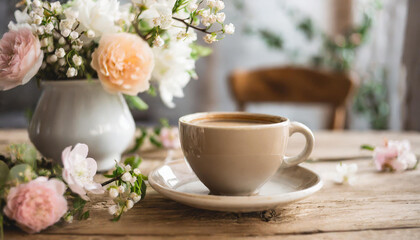 hot coffee or tea on a wooden table with flowers and vase and a blurred interior in the background. Mockup background with empty space for text. Generative AI