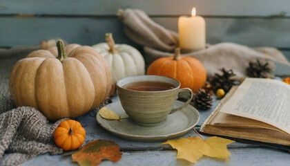 hot tea in a cup standing on a wooden table with hygge composition pumpkin, book, leaves, candles. Mockup background with empty space for text, presentation product. Generative AI
