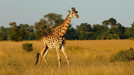 Fototapeta premium majestic adult giraffe striding through vast african savanna wild animal safari photo