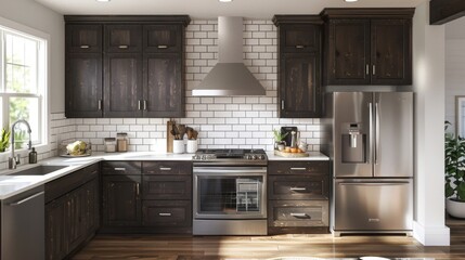 Fototapeta premium Modern kitchen interior with dark wood cabinets, a white subway tile backsplash, and stainless steel appliances