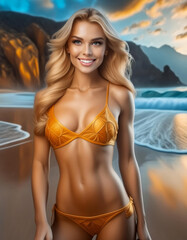 A beautiful model wearing a bikini by the beach