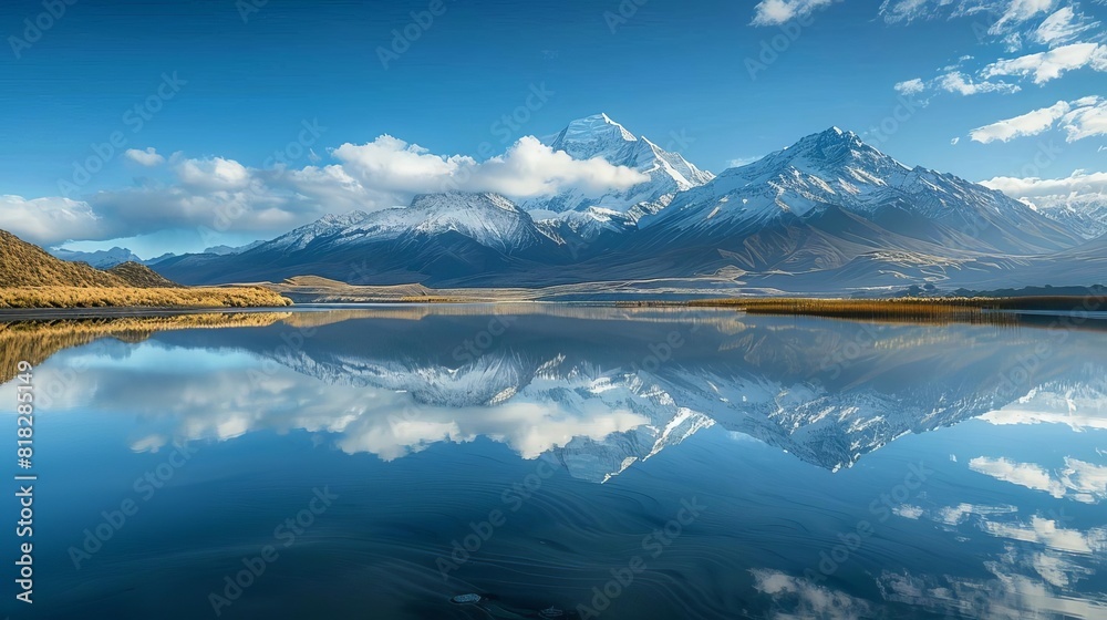 Wall mural tranquil lake reflecting majestic snowcapped mountains idyllic landscape scenery