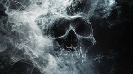 ominous skull formed by swirling white smoke trails cinematic dark atmosphere black background digital art