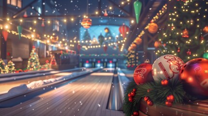 Cozy Winter Bowling Alley with Holiday Decorations for Seasonal Promotions Design