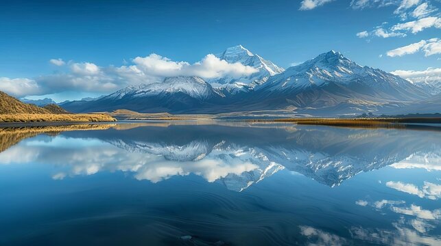 tranquil lake reflecting majestic snowcapped mountains idyllic landscape scenery