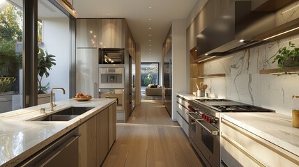 modern kitchen with a large pantry, quartz countertops, and a sleek backsplash