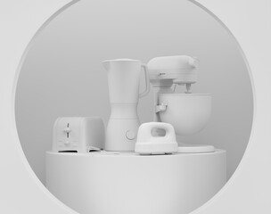 Abstract scene or podium with kitchen appliances and utensils on monochrome.