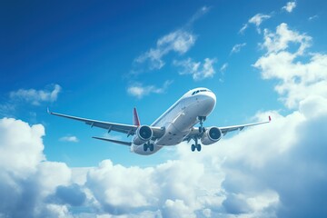 Fototapeta premium Airplane in the blue sky with clouds.