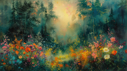 Foggy morning, blossoming meadow in forest, psychedelic painting