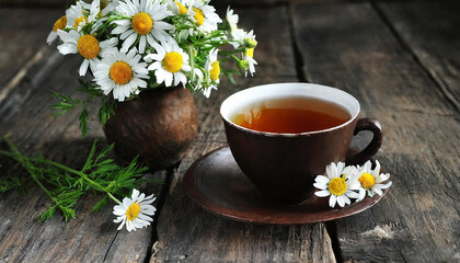 hot herbal tea in a cup standing on a wooden table with hygge composition bouquet of daisies. Mockup background with empty space for text, presentation product. Generative AI.