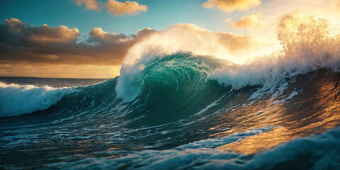 Dramatic Ocean Wave at Sunset with Turquoise Water