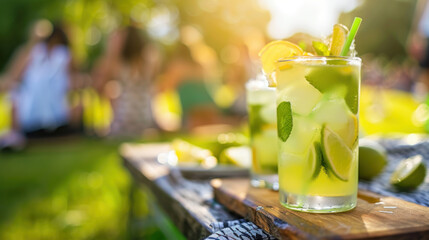 Mojito cocktail, picnic on blooming meadow in summer