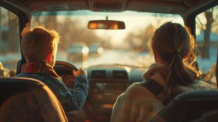 Parent driving their child to elementary school, engaged in conversation