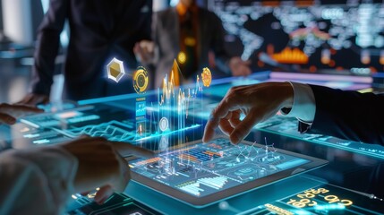 Business Meeting Utilizing Augmented Reality for Data Visualization with Floating Stats Above Tablet