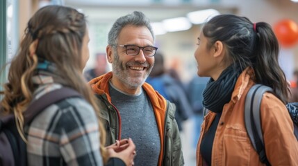 Obraz premium Parents chatting with fellow parents at a school event