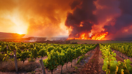 Vineyard and forest fire - grape harvest is in danger, possible smoke taint