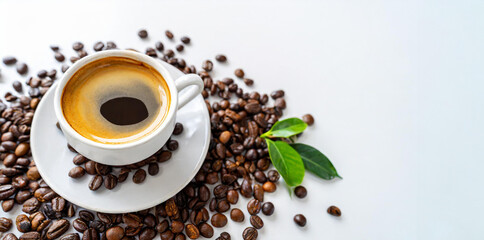 hot coffee in a white cup standing on a white background with scattered coffee beans top view. Mockup background with empty space for text, presentation coffee product. Generative AI