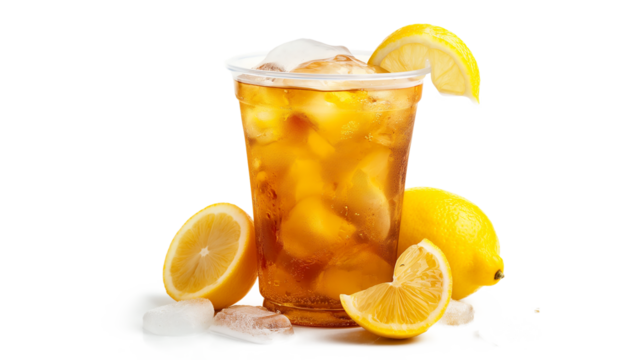 Plastic glass of lemon iced tea isolated on a transparent background