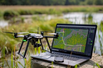 Close-Up of Drone Programming for Environmental Monitoring with Mapping Software on Laptop