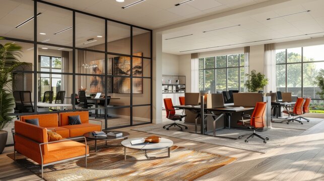 Refurbished office featuring a mix of open and private workspaces, with modern design elements and updated technology
