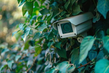 A camera is hidden in a bush. The camera is white and has a black lens