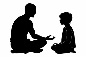 Father and son sitting in pose lotuse and watching to each other, talking, white background